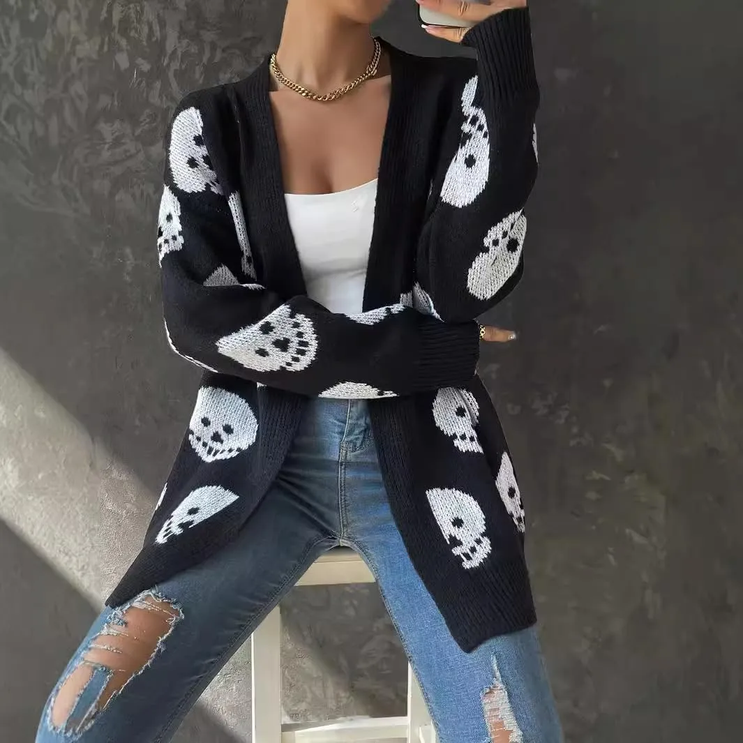 Womens Gothic Open Cardigan Skull V Neck Oversized Halloween Skull Knitting Patterned Long Sleeve Sweater