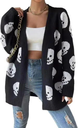Womens Gothic Open Cardigan Skull V Neck Oversized Halloween Skull Knitting Patterned Long Sleeve Sweater