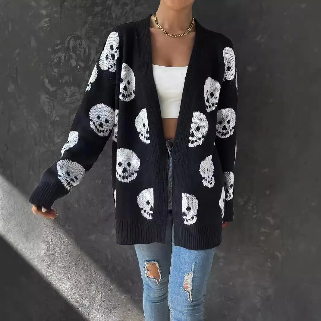 Womens Gothic Open Cardigan Skull V Neck Oversized Halloween Skull Knitting Patterned Long Sleeve Sweater