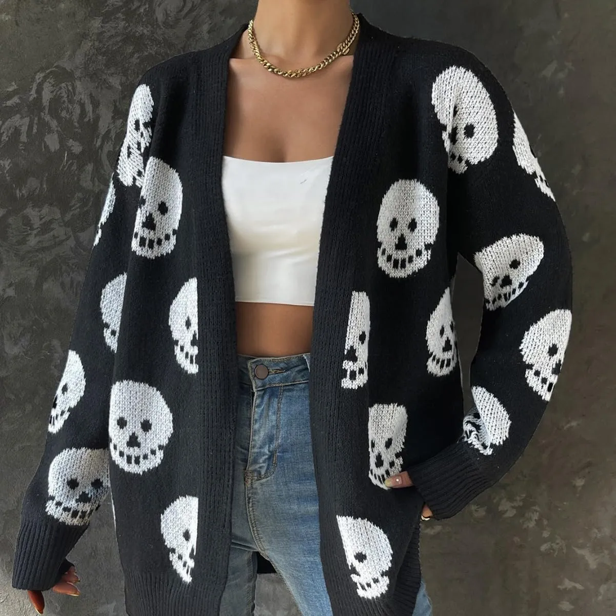 Womens Gothic Open Cardigan Skull V Neck Oversized Halloween Skull Knitting Patterned Long Sleeve Sweater