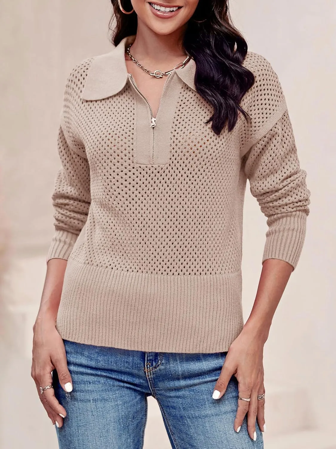 Women's Half Zip Pullover Sweaters Crochet Lapel Collar Long Sleeve Knit Solid Color Jumper Tops