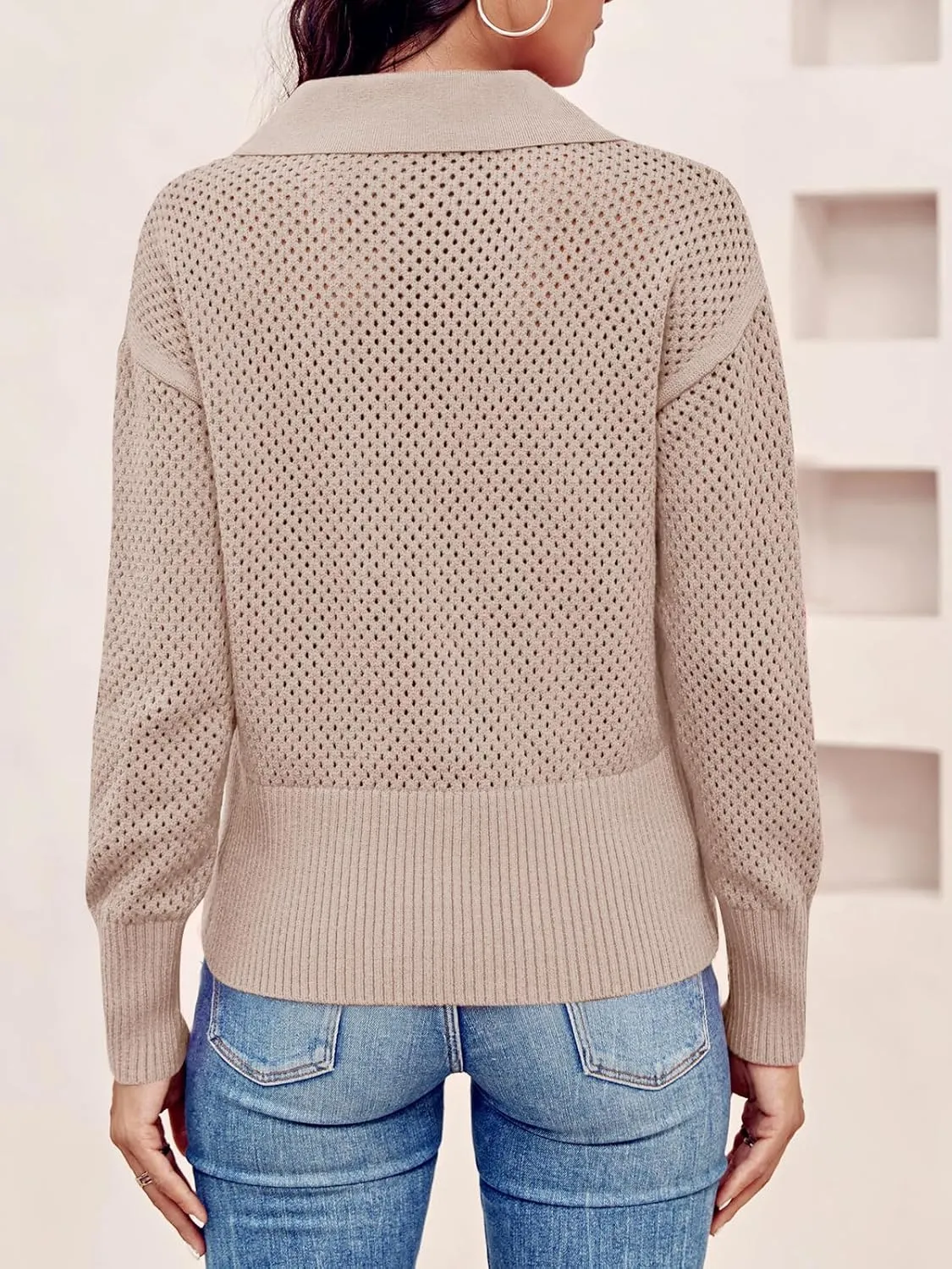 Women's Half Zip Pullover Sweaters Crochet Lapel Collar Long Sleeve Knit Solid Color Jumper Tops