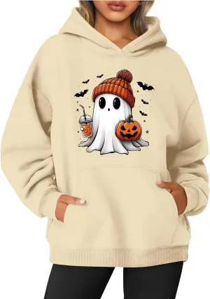 Women's Halloween Spooky Season Hoodie,Cute Ghost Graphic Sweatshirts Funny Pumpkin Face Tops Long Sleeve Hoodie 2024