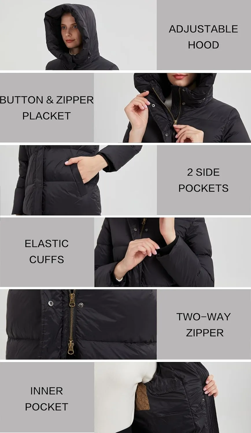 Women's Hooded Long Goose Down Puffer Jacket Ultra-Warm Quilted Winter Coat with Knee-Length Coverage