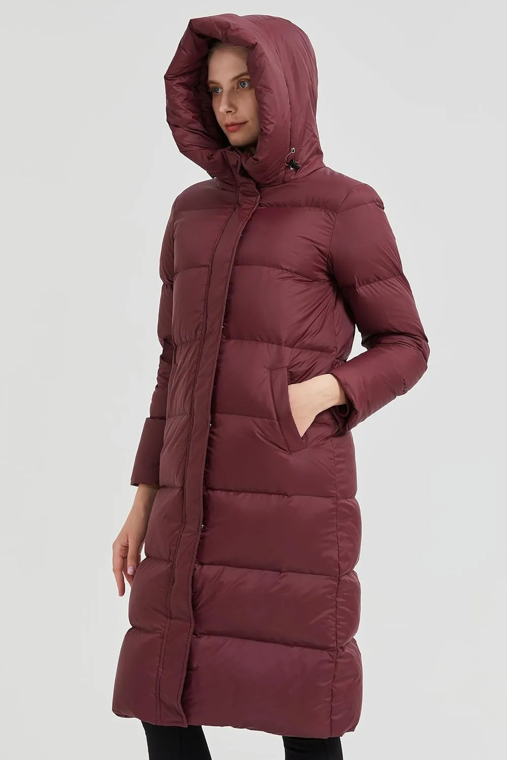 Women's Hooded Long Goose Down Puffer Jacket Ultra-Warm Quilted Winter Coat with Knee-Length Coverage