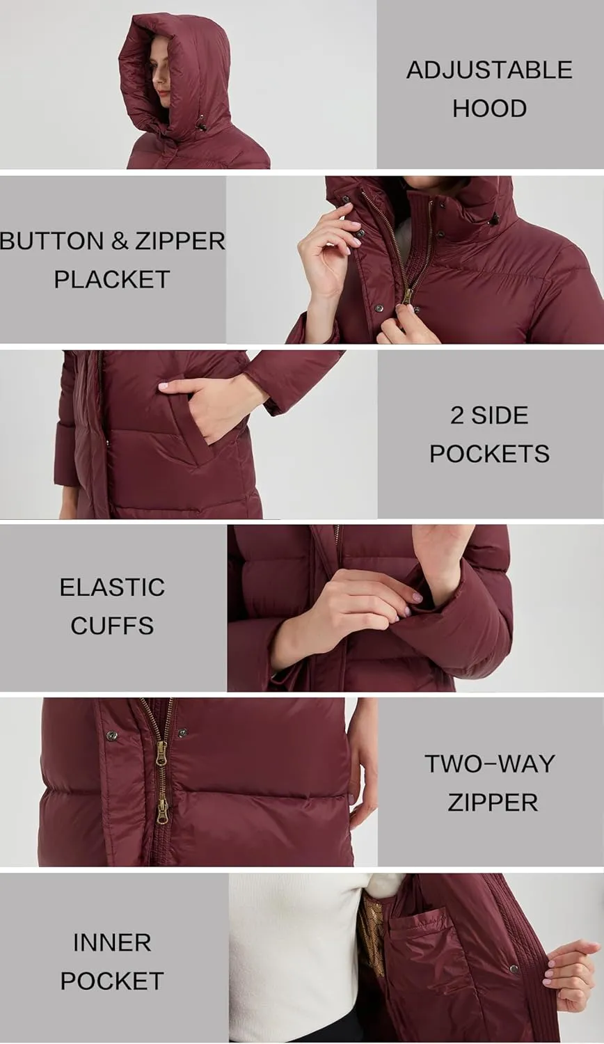 Women's Hooded Long Goose Down Puffer Jacket Ultra-Warm Quilted Winter Coat with Knee-Length Coverage