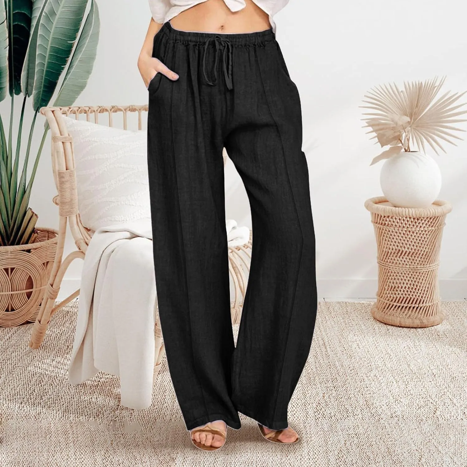 Womens Linen Blend Drawstring Pants Casual Summer Loose Fit Straight Leg Trousers Mid-Rise Elastic Waist Comfy Lounge Pants