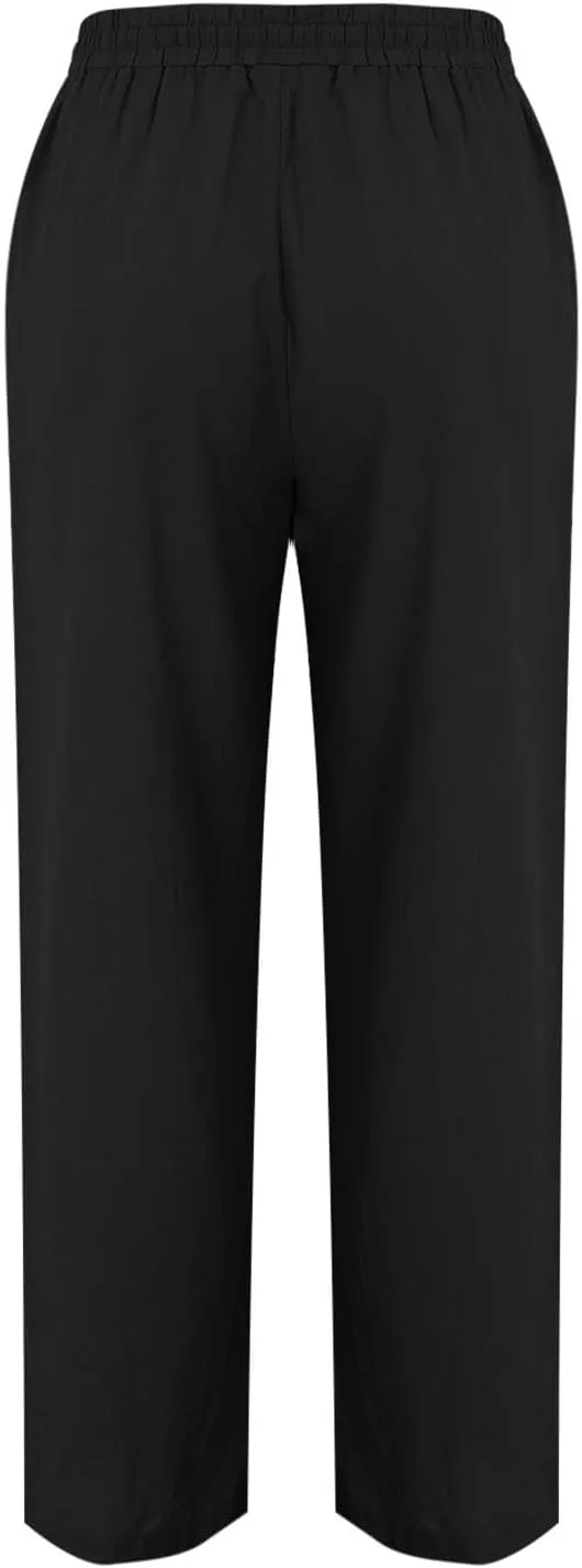 Womens Linen Blend Drawstring Pants Casual Summer Loose Fit Straight Leg Trousers Mid-Rise Elastic Waist Comfy Lounge Pants