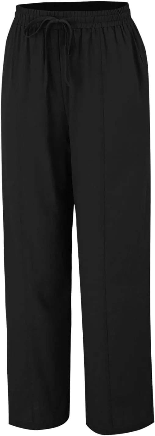 Womens Linen Blend Drawstring Pants Casual Summer Loose Fit Straight Leg Trousers Mid-Rise Elastic Waist Comfy Lounge Pants