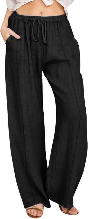 Womens Linen Blend Drawstring Pants Casual Summer Loose Fit Straight Leg Trousers Mid-Rise Elastic Waist Comfy Lounge Pants