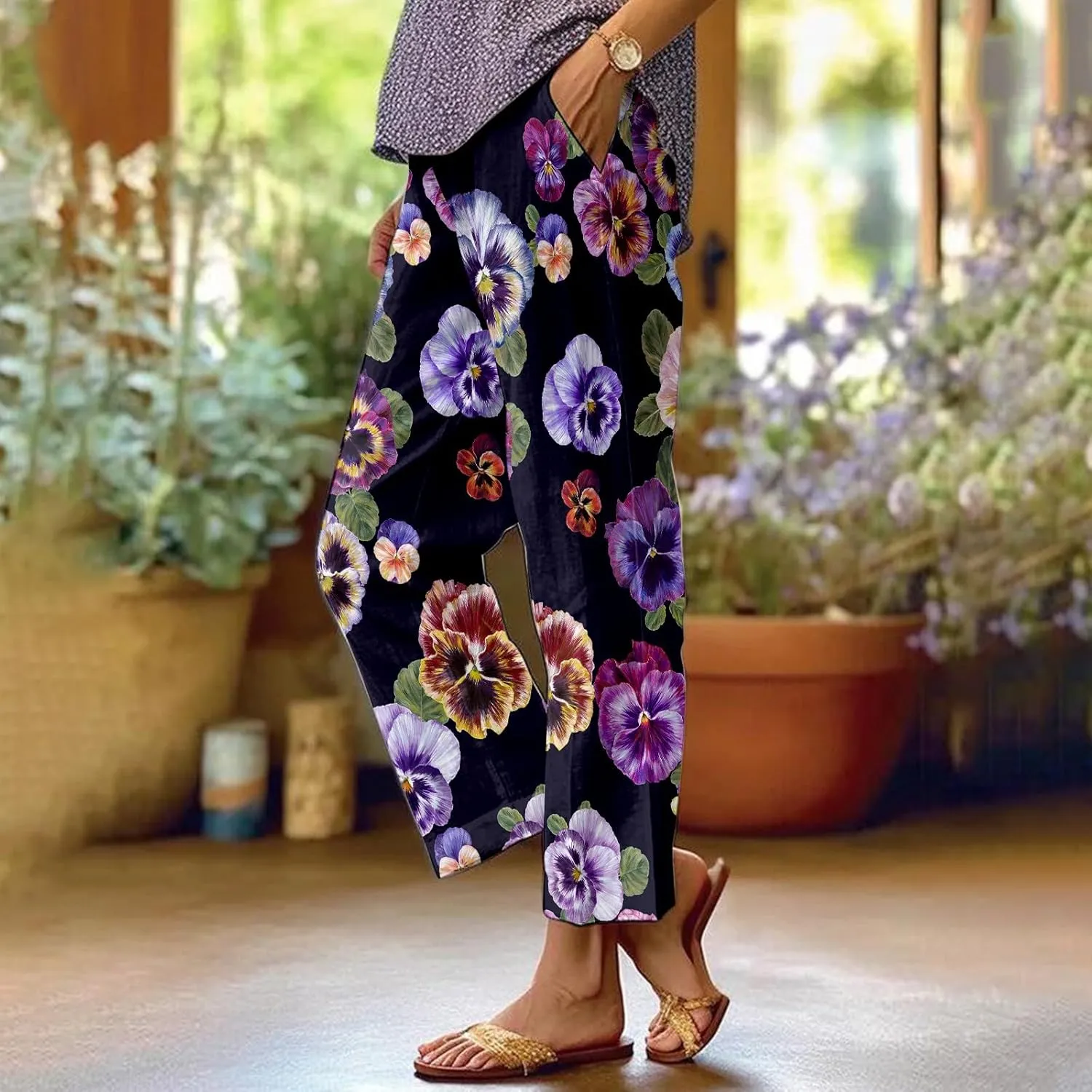 Women's Linen Capris Pants Casual Loose High Waist Wide Leg Cropped Boho Palazzo Beach Pant Spring Outfits Trendy