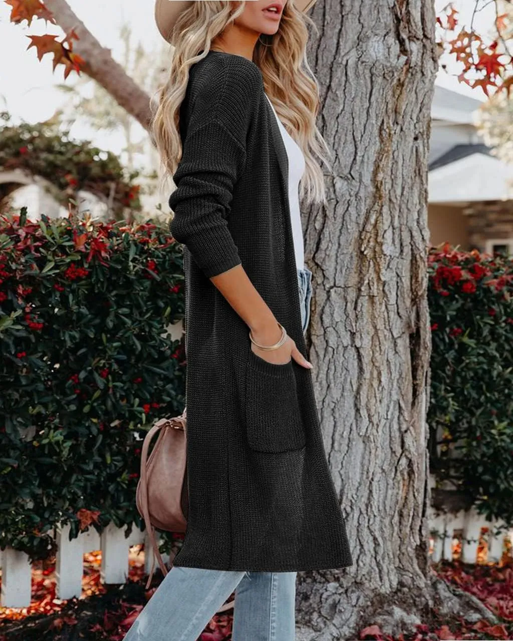 Womens Long Sleeve Open Front Cardigan Sweater Lightweight Knit Casual Loose Fit Sweaters Outerwear with Pockets