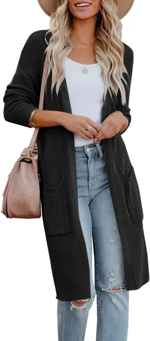 Womens Long Sleeve Open Front Cardigan Sweater Lightweight Knit Casual Loose Fit Sweaters Outerwear with Pockets