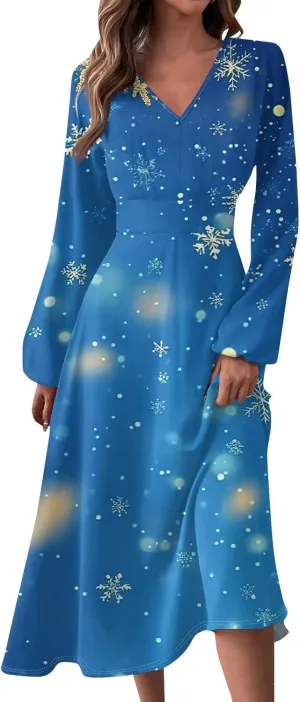 Womens Long Sleeve Trendy Dresses 2024 V-Neck Dressy Midi Casual Christmas Printed Fashion Swing Dress