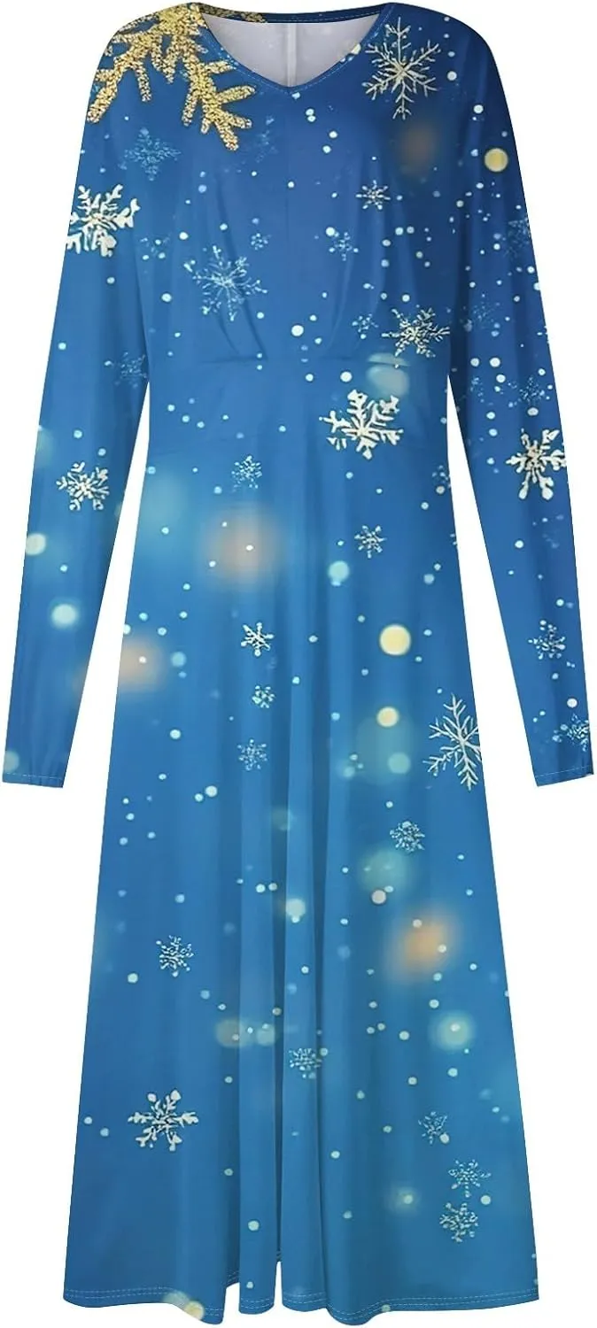 Womens Long Sleeve Trendy Dresses 2024 V-Neck Dressy Midi Casual Christmas Printed Fashion Swing Dress