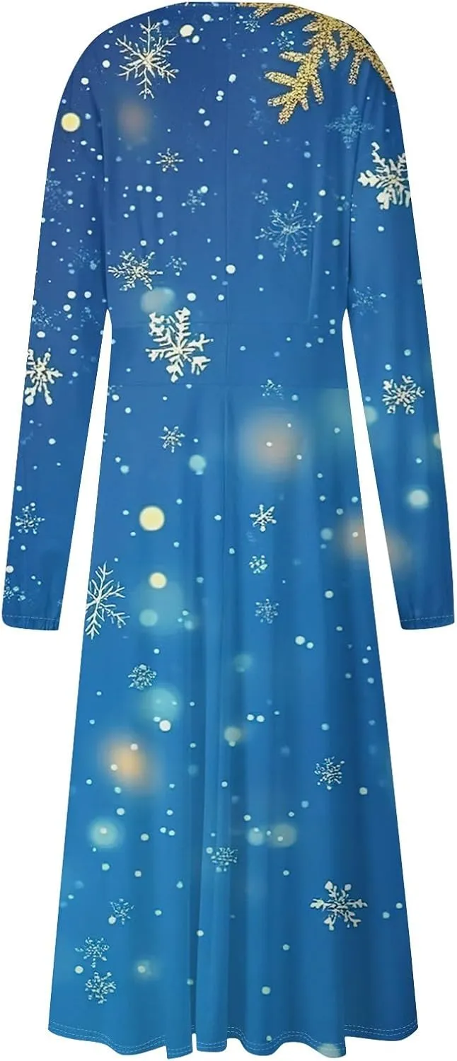 Womens Long Sleeve Trendy Dresses 2024 V-Neck Dressy Midi Casual Christmas Printed Fashion Swing Dress