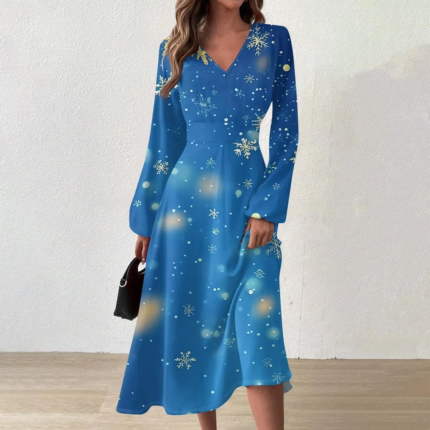 Womens Long Sleeve Trendy Dresses 2024 V-Neck Dressy Midi Casual Christmas Printed Fashion Swing Dress