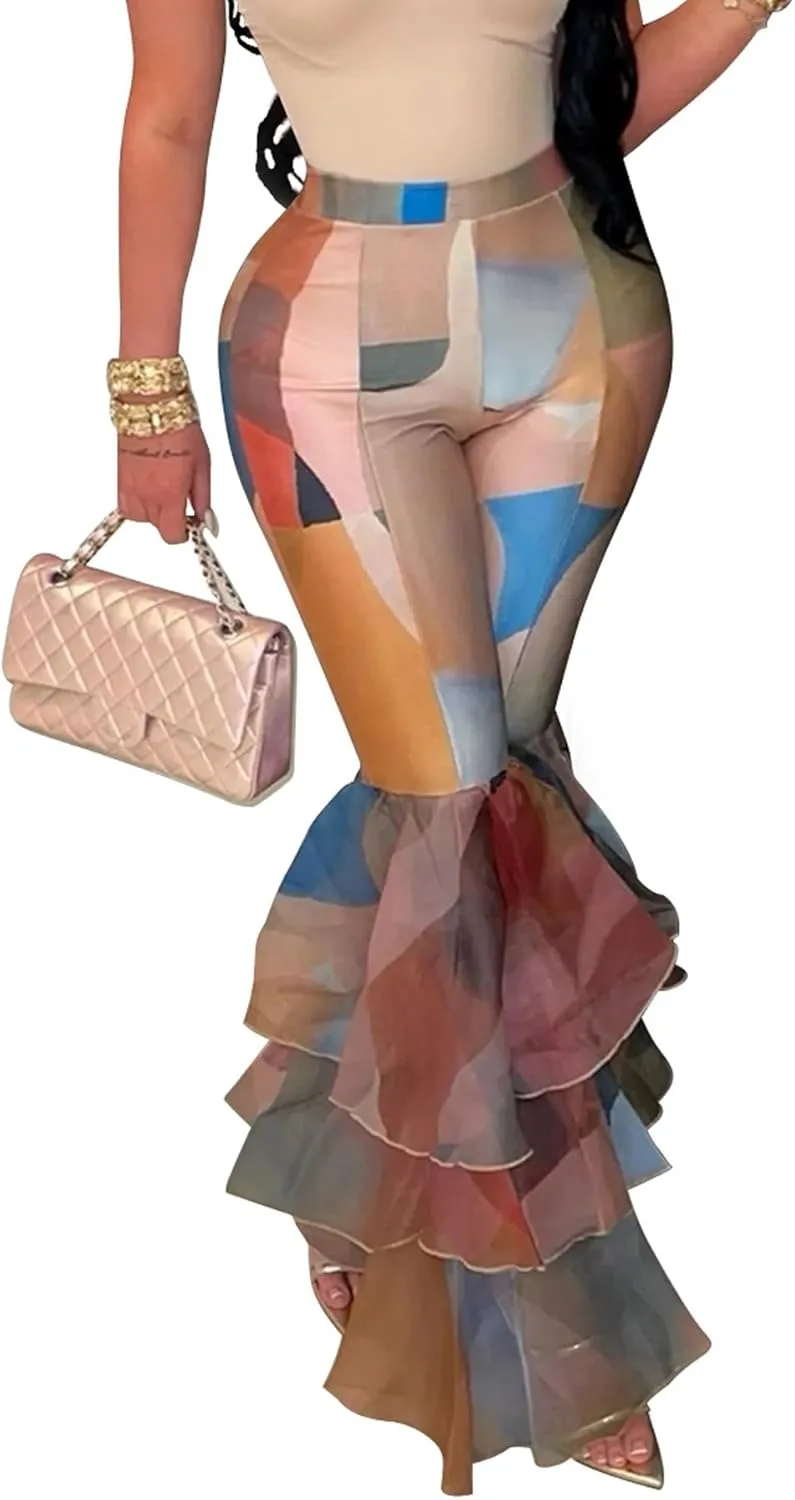 Women's Multi Ruffle Hem Flared Pants Printed High Waisted Bell Bottoms Fashion Trousers Bodycon Pants