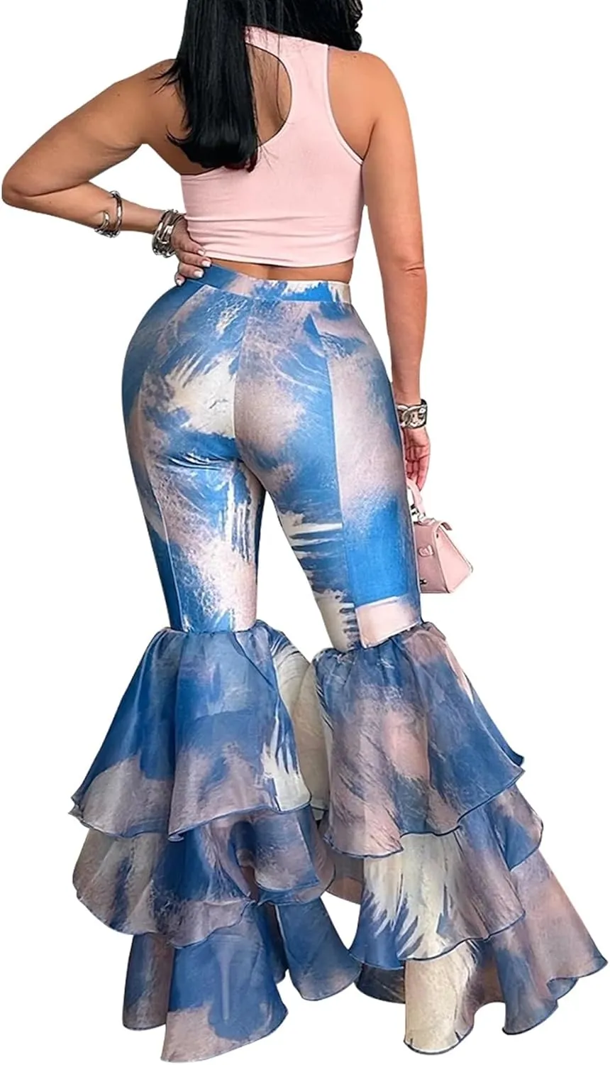 Women's Multi Ruffle Hem Flared Pants Printed High Waisted Bell Bottoms Fashion Trousers Bodycon Pants