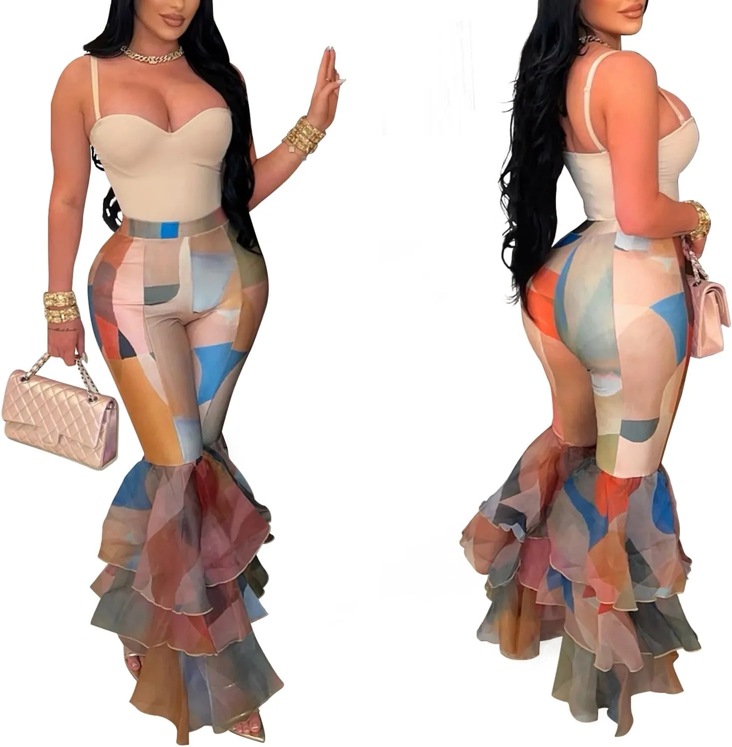 Women's Multi Ruffle Hem Flared Pants Printed High Waisted Bell Bottoms Fashion Trousers Bodycon Pants