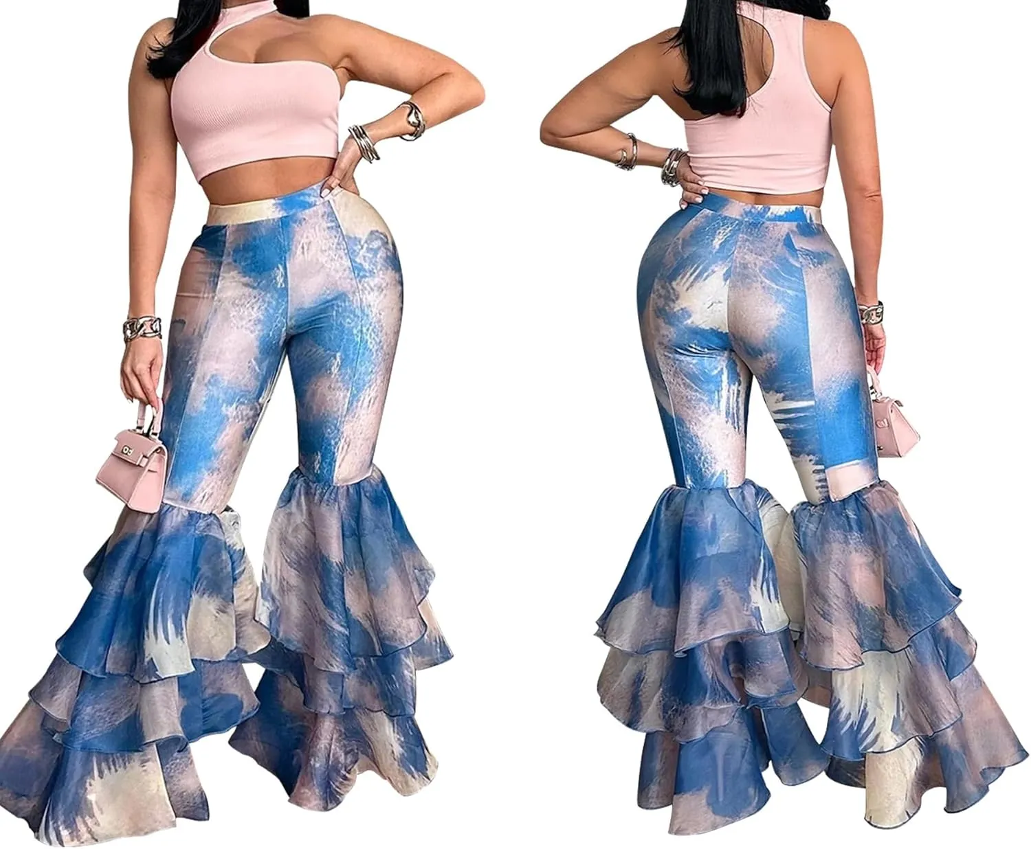 Women's Multi Ruffle Hem Flared Pants Printed High Waisted Bell Bottoms Fashion Trousers Bodycon Pants