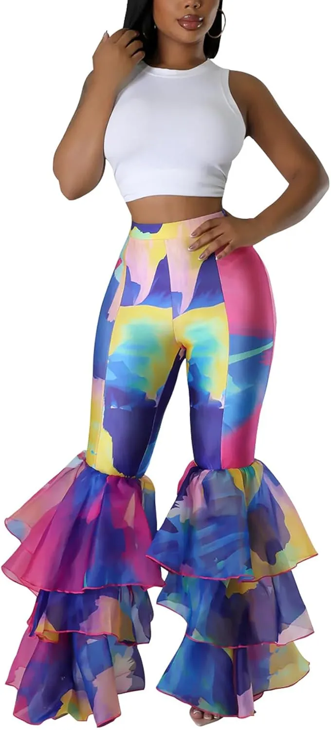Women's Multi Ruffle Hem Flared Pants Printed High Waisted Bell Bottoms Fashion Trousers Bodycon Pants