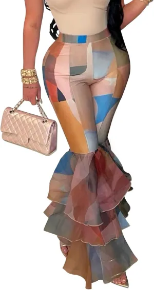 Women's Multi Ruffle Hem Flared Pants Printed High Waisted Bell Bottoms Fashion Trousers Bodycon Pants