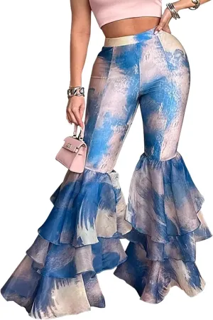 Women's Multi Ruffle Hem Flared Pants Printed High Waisted Bell Bottoms Fashion Trousers Bodycon Pants