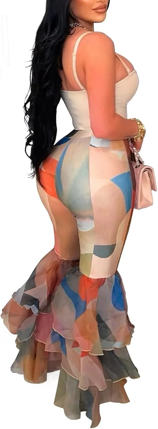 Women's Multi Ruffle Hem Flared Pants Printed High Waisted Bell Bottoms Fashion Trousers Bodycon Pants