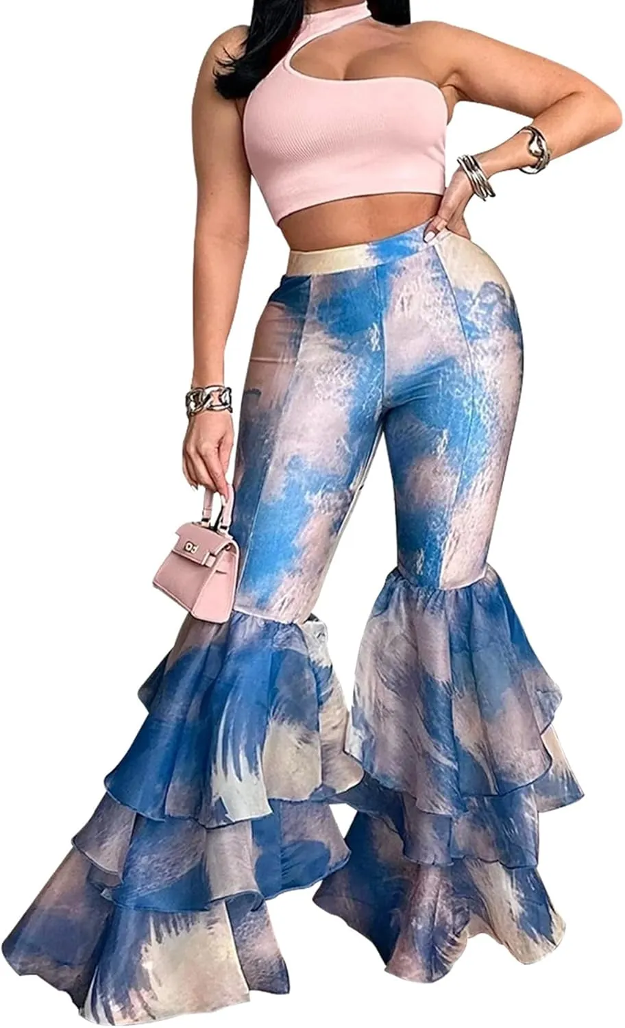 Women's Multi Ruffle Hem Flared Pants Printed High Waisted Bell Bottoms Fashion Trousers Bodycon Pants
