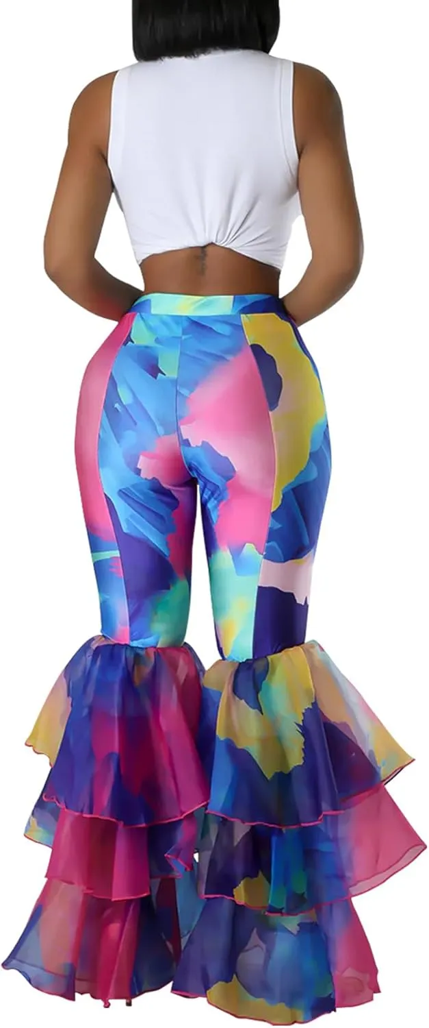 Women's Multi Ruffle Hem Flared Pants Printed High Waisted Bell Bottoms Fashion Trousers Bodycon Pants