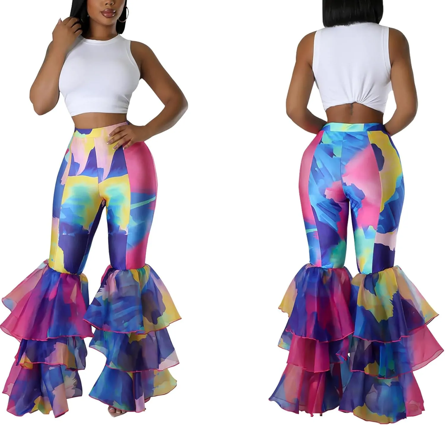 Women's Multi Ruffle Hem Flared Pants Printed High Waisted Bell Bottoms Fashion Trousers Bodycon Pants