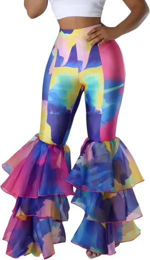 Women's Multi Ruffle Hem Flared Pants Printed High Waisted Bell Bottoms Fashion Trousers Bodycon Pants