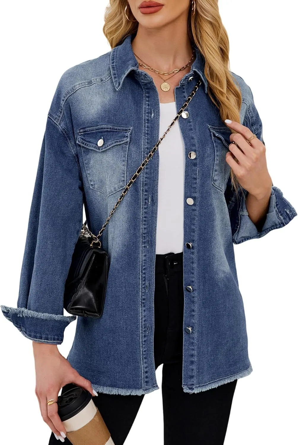 Womens Oversized Button Down Frayed Hem Denim Shacket Casual Long Sleeve Jean Jackets 2025 Spring Outfits