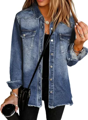 Womens Oversized Button Down Frayed Hem Denim Shacket Casual Long Sleeve Jean Jackets 2025 Spring Outfits