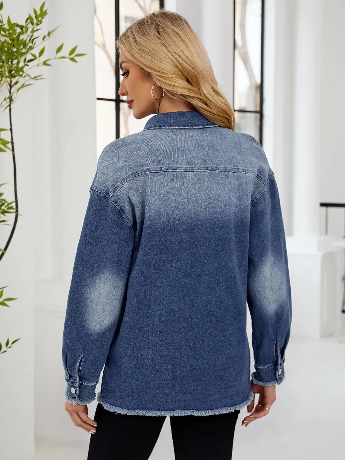Womens Oversized Button Down Frayed Hem Denim Shacket Casual Long Sleeve Jean Jackets 2025 Spring Outfits