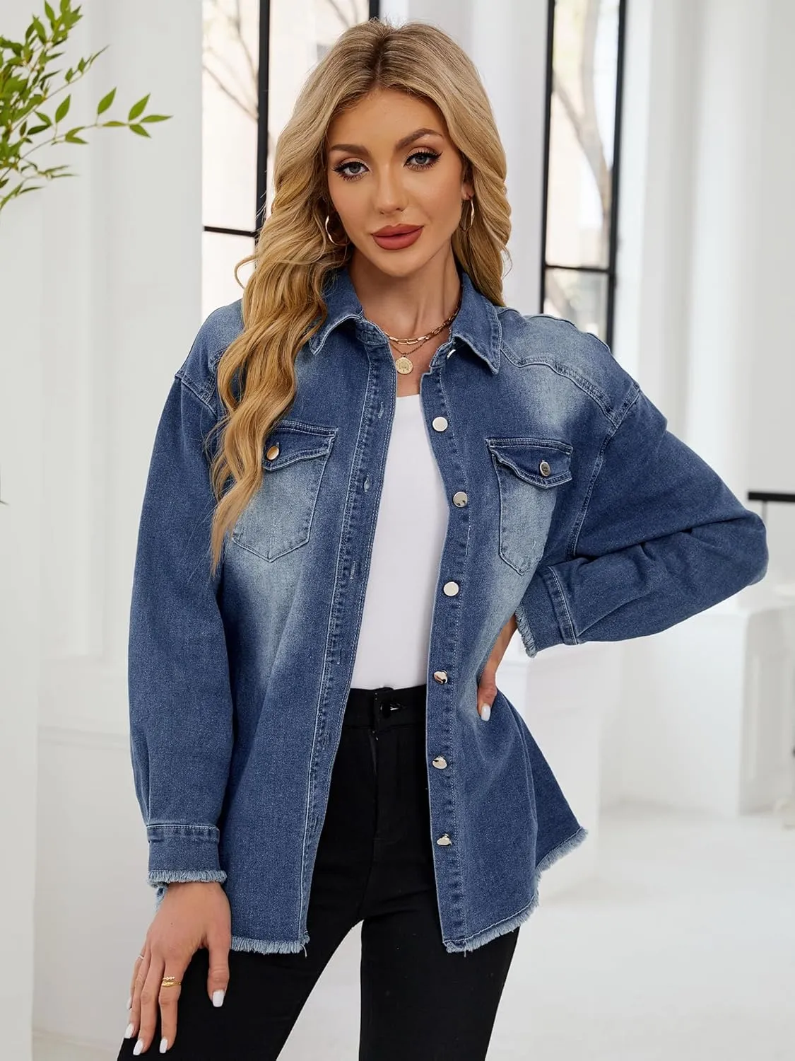 Womens Oversized Button Down Frayed Hem Denim Shacket Casual Long Sleeve Jean Jackets 2025 Spring Outfits