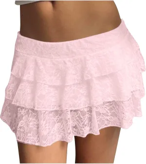 Women's Pleated Mini Skirt Sexy Lace Layered Stacked High Waisted Ruffles Lingerie Short Skirts Lounge Pajama Shorts