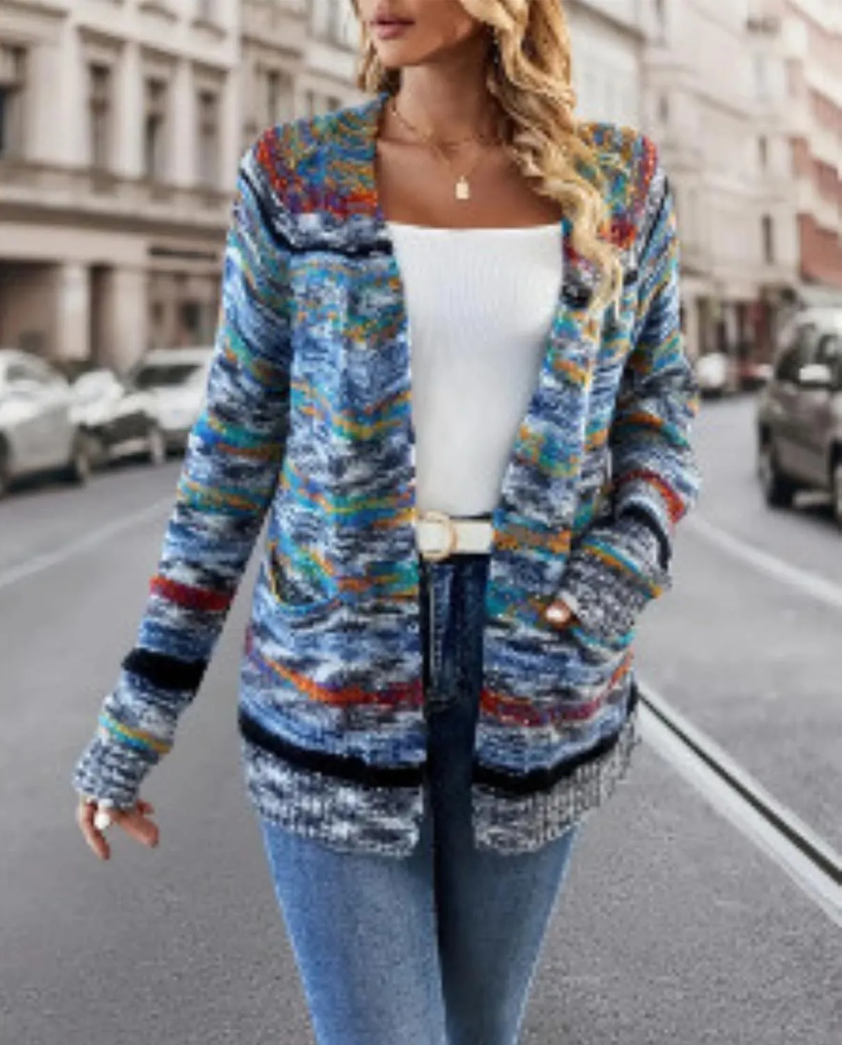 Women's Rainbow Striped Cardigan Sweater Chunky Long Sleeve Multicolor Open Front Sweater Soft Outerwear Coats