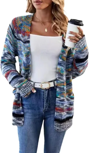 Women's Rainbow Striped Cardigan Sweater Chunky Long Sleeve Multicolor Open Front Sweater Soft Outerwear Coats