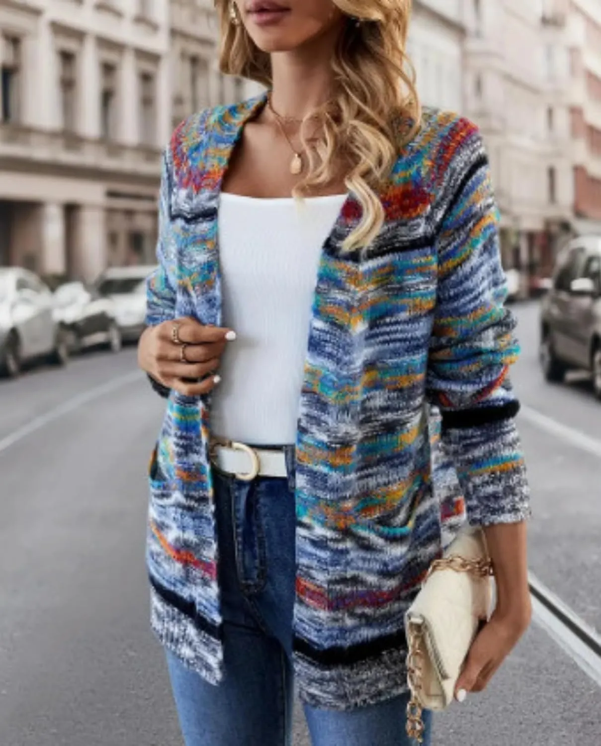 Women's Rainbow Striped Cardigan Sweater Chunky Long Sleeve Multicolor Open Front Sweater Soft Outerwear Coats
