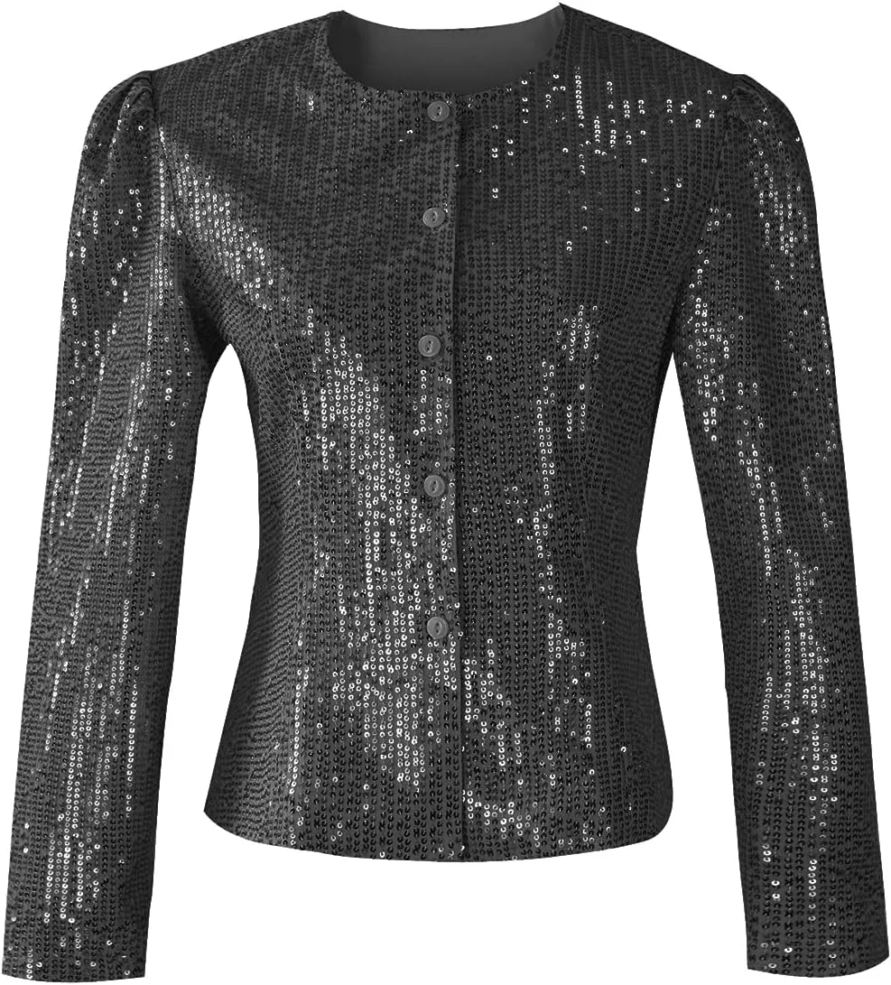 Women's Sequin Jacket Button Long Sleeve Casual Party Sparkle Blazer