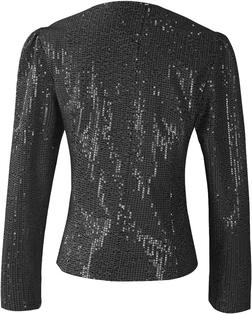 Women's Sequin Jacket Button Long Sleeve Casual Party Sparkle Blazer