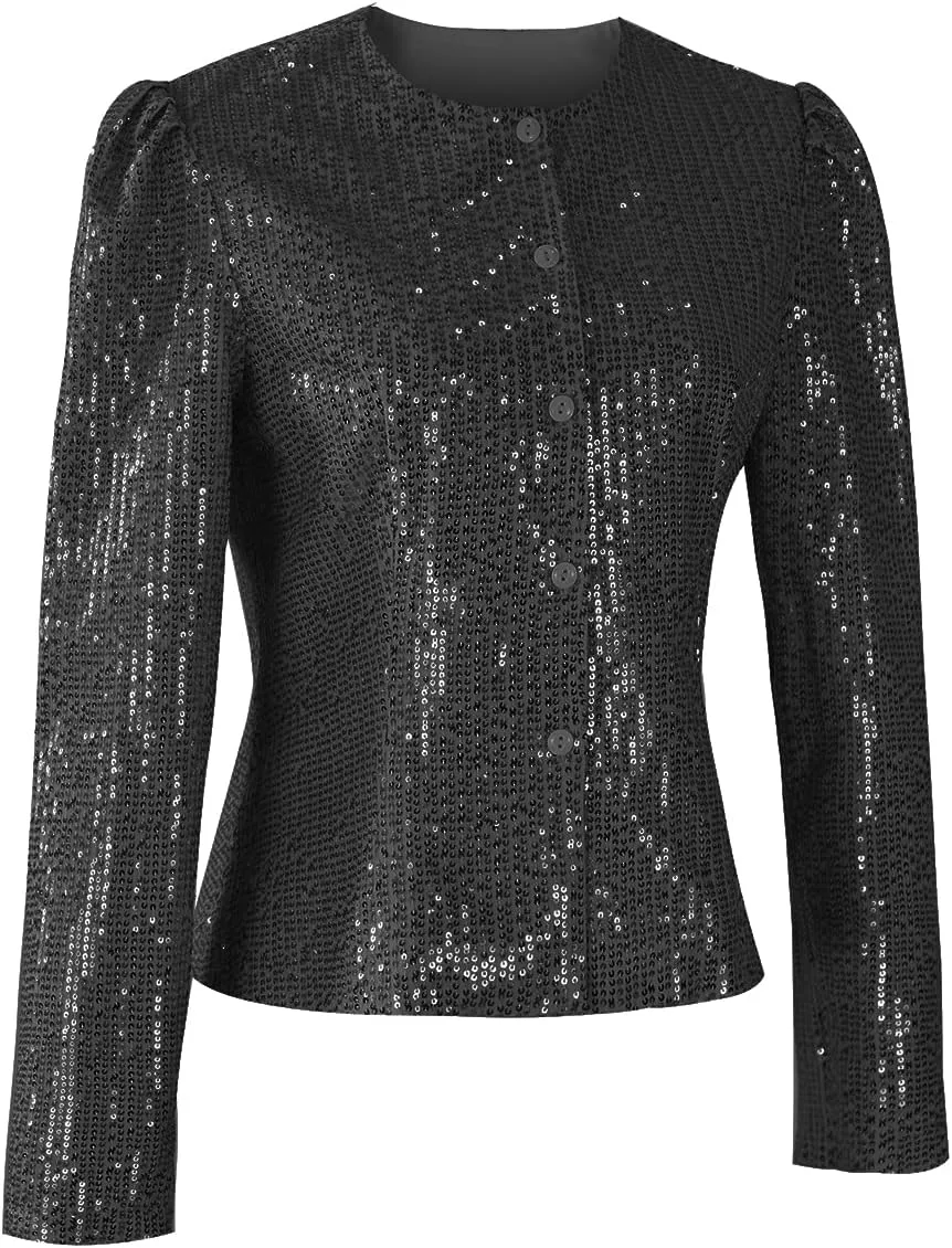 Women's Sequin Jacket Button Long Sleeve Casual Party Sparkle Blazer