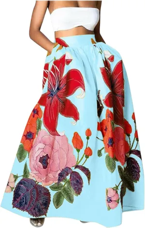 Women's Skirts Boho Maxi Skirt Fashion Loose Floral Printed Colorful Skirt High Waist Beach Maxi Trendy Skirt with Pocket