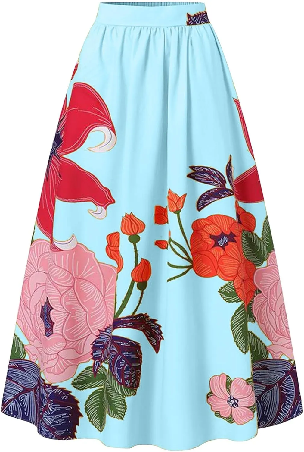 Women's Skirts Boho Maxi Skirt Fashion Loose Floral Printed Colorful Skirt High Waist Beach Maxi Trendy Skirt with Pocket