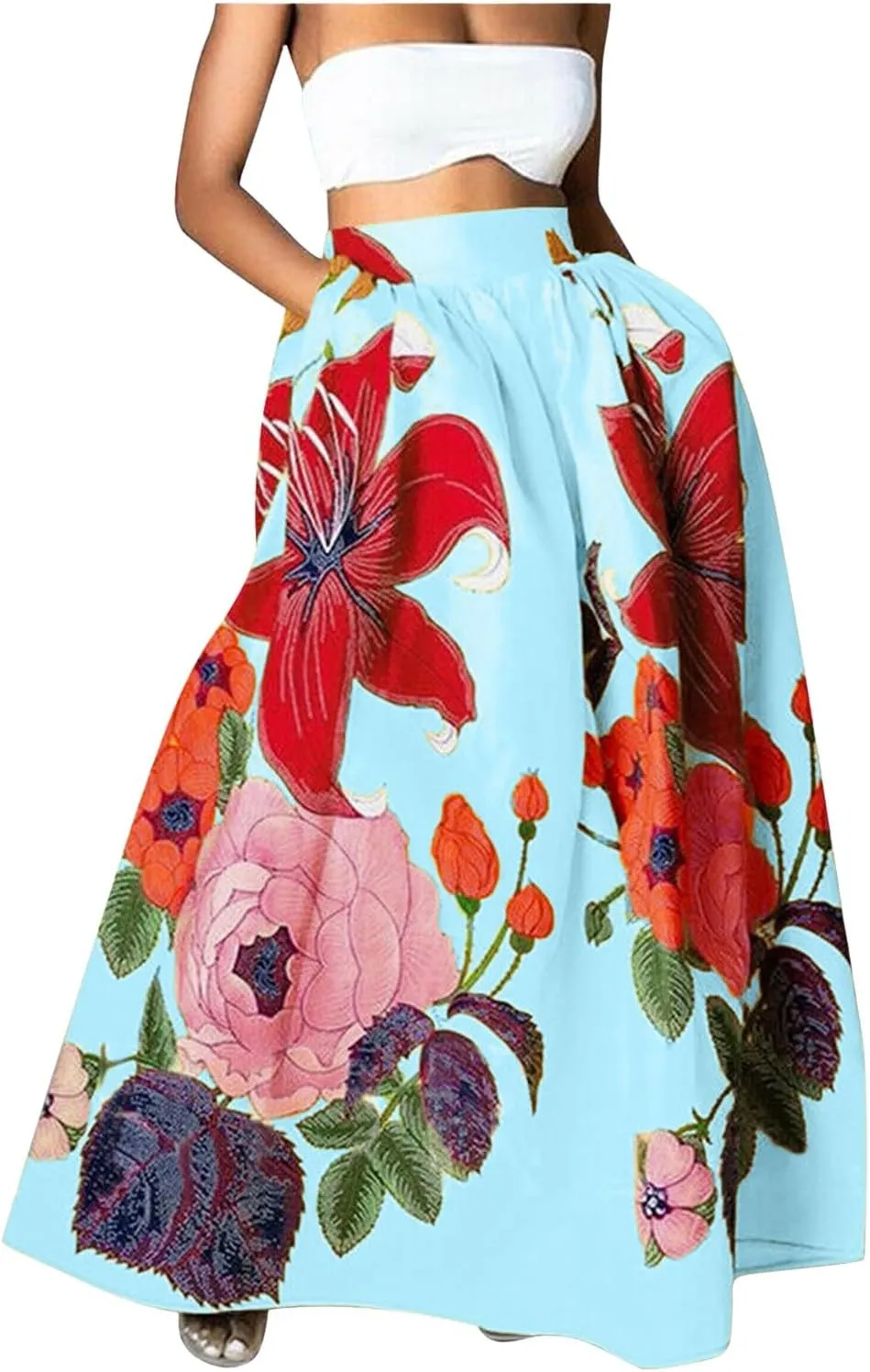 Women's Skirts Boho Maxi Skirt Fashion Loose Floral Printed Colorful Skirt High Waist Beach Maxi Trendy Skirt with Pocket