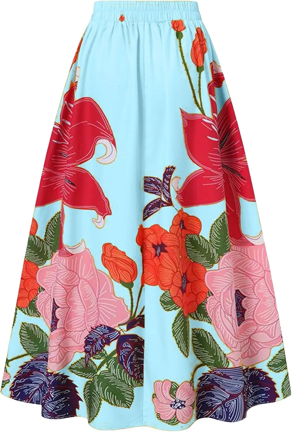 Women's Skirts Boho Maxi Skirt Fashion Loose Floral Printed Colorful Skirt High Waist Beach Maxi Trendy Skirt with Pocket