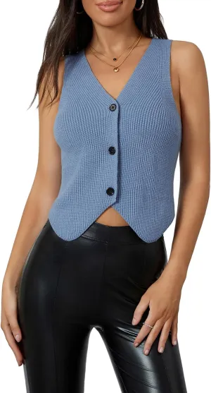 Women's Sleeveless Sweater Vest Knit V Neck Button Going Out Tops Casual Spring Summer Waistcoat Cardigan