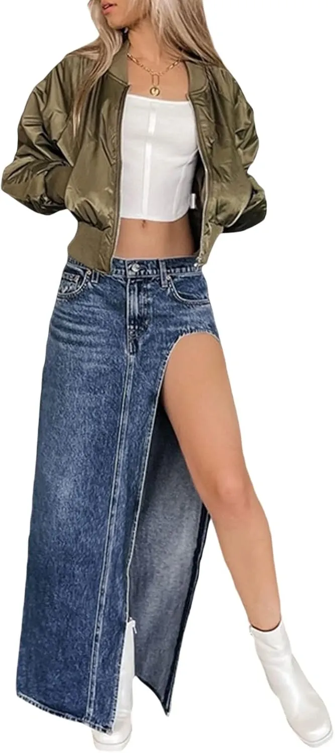 Womens Split High Waist Cargo Denim Midi Skirt Casual A-Line Jean Long Skirts Y2k Summer Solid Workwear Skirt